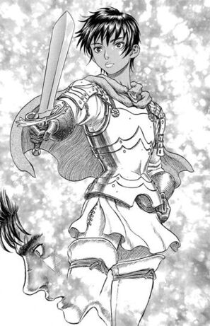 primer plano de casca con su armadura y empuñando la espada