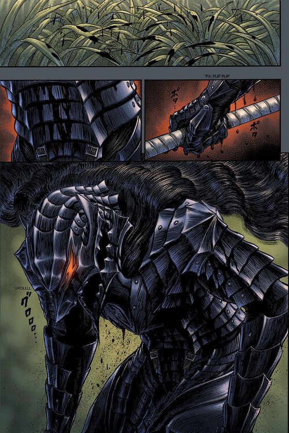 primer plano de casca con su armadura y empuñando la espada